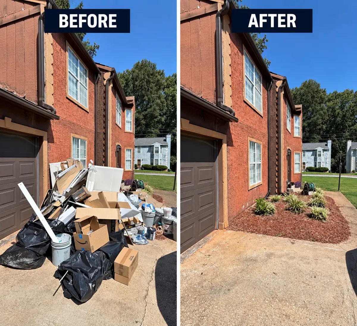 Driveway piled with boxes and bags before junk removal, then cleared