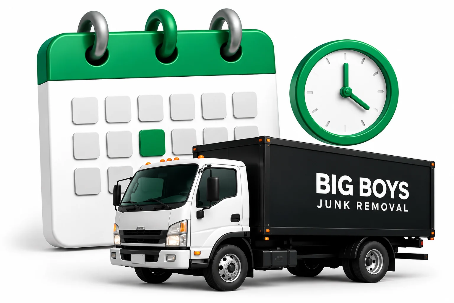 Big Boys truck in front of a calendar and clock
