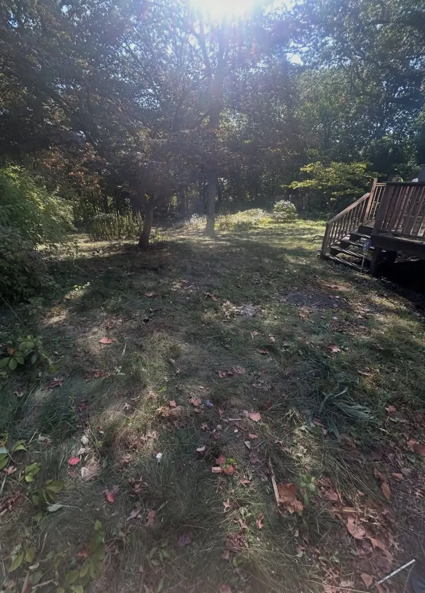 Backyard piled with carpet rolls, cabinets and a sink — after