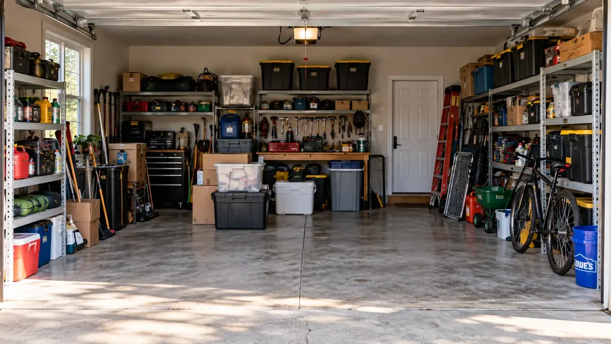 Garage with shelves and bins ready for a cleanout